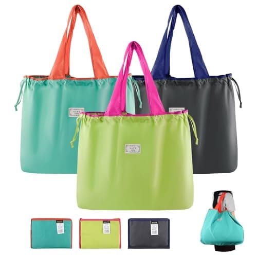 Nexlynk 3Pcs Foldable Reusable Shopping Bags 42x53 cm, Large Waterproof Tote Drawstring Shopper Washable Nylon Grocery Bags for Travel Beach Daily Use Women Mom (Turquoise, Light green, Dark grey)