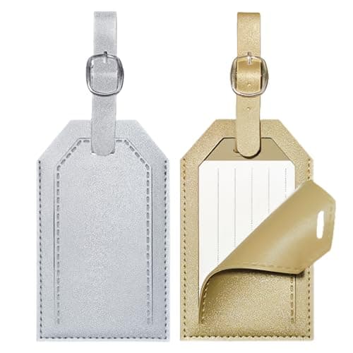 2 Pcs Leather Luggage Tags for Suitcases, Suitcase Tags with Privacy Cover & Adjustable Strap, Luggage Labels for Preventing Loss of Bags, Travel Essentials (Gold&Silver)