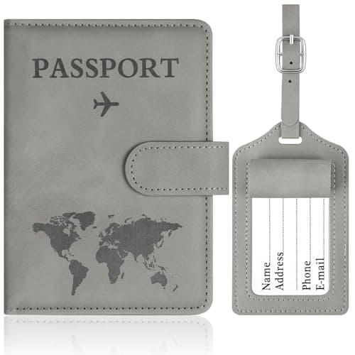 OFFCUP Passport Holder Cover, PU Leather Passport Cover and Luggage Tag Set with RFID Blocking Travel Wallet, Universal Travel Wallet Case Organiser for Money, Boarding Passes, Credit Cards Gray