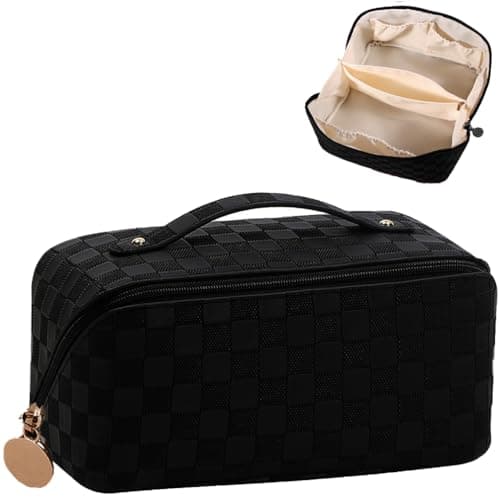 Large Capacity Makeup Bag - Women Waterproof Leather Cosmetic Bag, Portable Travel Purse Toiletry Bag Organizer, Multifunction Multi Layer Makeup Bag with Handle and Divider for Ladies Girls (Black)
