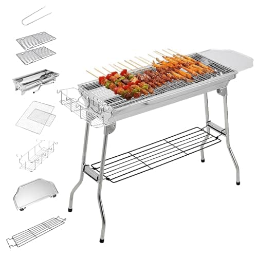 AOYEBO Stainless Steel Folding Charcoal Grill - Multi-Storage Design & Tool-Free Assembly (Camping/Backyard Use, Kabob Grill Compatibility)