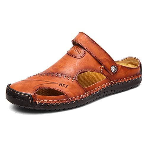 Rojeam Mens Casual Synthetic Leather Sandals Closed Toe Beach Slippers Flat Shoes Summer Sandals for Hiking Trekking, Brown, 8.5 UK