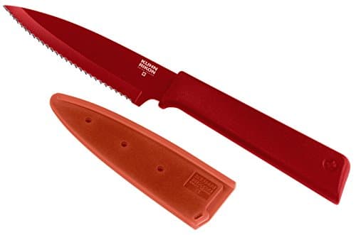 Kuhn Rikon 26621 Colori+ Non-Stick Serrated Paring Knife with Safety Sheath, 19 cm, Red