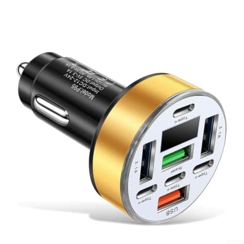 Multi Port Car Charger 40W with Digital Display, 4 USB + 4 PD Outputs, Equipped with Overload and Short Circuit Safety Protections (Gold)
