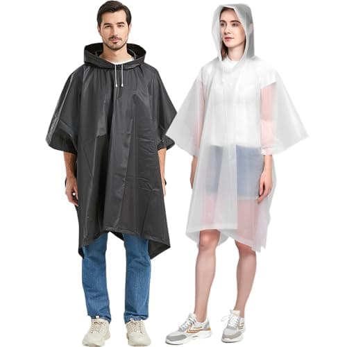 Cosowe Rain Ponchos Waterproof Adults, 2pcs Reusable Raincoats Portable, Family Pack Festival Plastic Coats for Women Men with Sleeves Hood, 1White+1Black