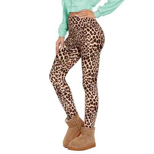 DDOBB Thermal Leggings Women High Waist Fleece Lined, Leopard, S-M