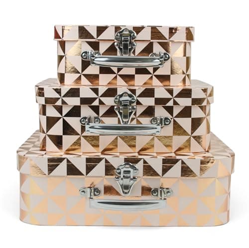 Emartbuy Rose Gold Foil Suitcase Gift Boxes Set of 3 – Prebuilt Decorative Cardboard with Metal Handle & Clasp – Organizer for Events, Hampers & Gifting – 30.2×21.9×9.5/25×18.8×8.8/20.2×16×8.2 cm