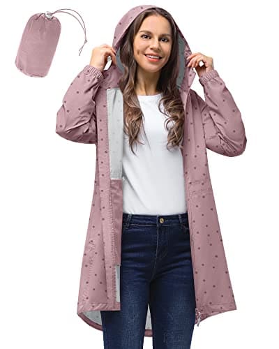 33,000ft Women's Rain Jacket Lightweight Hooded Long Rain Coat Waterproof Jacket Ladies Packable Functional Jacket Windbreaker Breathable Active Outdoor Coats Dotted Pink XL/16