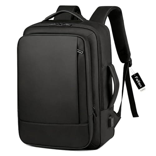 FaVen Laptop Backpack, 15.6 Inch Waterproof Laptop Rucksack with USB Charging Port, Expandable Travel Backpack with Laptop Compartment, Mens Leather Laptop Bag for Work, Business, Travel, Black