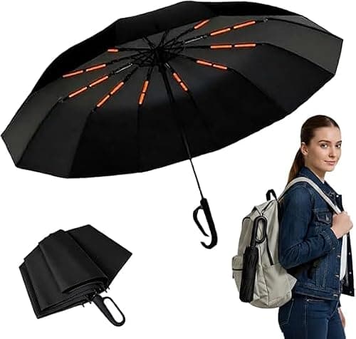Sumlly Umbrella with Hook Handle, Compact 12 Ribs Umbrella Women Men,Black