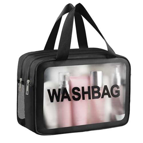 Clear Toiletry Bag, Wet Dry Separation PVC Makeup Cosmetic Bag, Large Capacity PVC Wash Bags with Handles for Women Girls Black