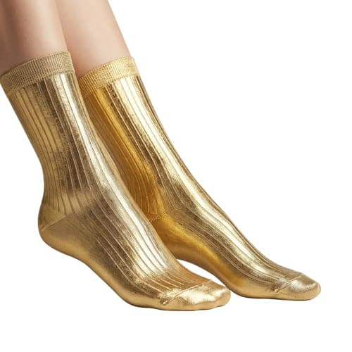 CGGMVCG Women's Metallic Silk Sock, Elegant Luxury Shiny Foil Glitter Ribbed Crew Socks for Party or Daily Wear, Soft Breathable Comfort Silky (Gold, One Size)