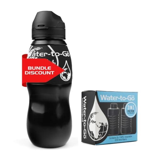 WATER TO GO Classic 750ml Water Purifier Bottle & Replacement Twin Pack Filter Discount Bundle-protects against viruses, bacteria, protozoa, cysts,& microplastics; Guaranteed Leakproof - (Black)