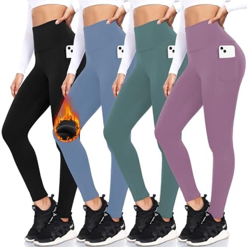 FULLSOFT 4-Pack Fleece Lined Leggings with Pockets for Women, High Waist, Thermal Winter Warm Yoga Pants for Workout, Running