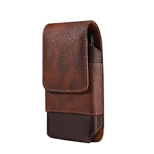 Vertical Cell Phone Waist Bag with Card Holder, Smartphone Waist Pouch Leather Brown, 7.2" Leather Mobile Phone Holster with Belt Clip Travel Waist Bag Fanny Pack Wallet Pocket Belt Loop Holster