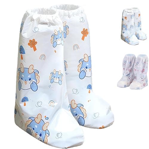 HUANYO Disposable Kids Rain Boot Covers - 5 Pairs Children's Waterproof Shoe Covers, Fun Printed Patterns, Perfect for School, Outdoor Play, Puddle Jumping - One Size Fits Most (Dinosaurs)