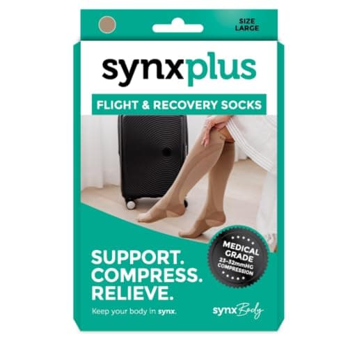 SynxBody Flight Compression Socks for Women & Men (Class 2) - These Flight Socks Help Prevent Deep Vein Thrombosis (DVT) During and After Flight (Black) (Beige, Medium)