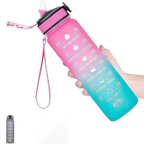 1L Water Bottle with Straw & Time Marker, BPA Free Leakproof Water Bottle, Reusable Sports Water Bottle with Carry Handle for Gym, Fitness, Cycling, School, Office & Outdoor, Pink & Blue