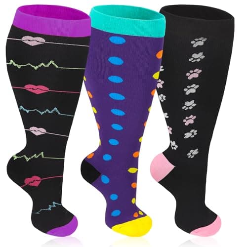 Zuimei 3 Pair 15-20 mmHg Plus Size Compression Socks for Women Men, 3Color