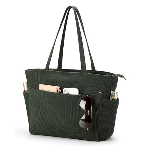 KALIDI FANCY FOREST Women's Green Corduroy Tote Bag With Zip, Medium (35x30x14cm), 15-Inch Laptop & A4 Folders, 4 Pockets, Waterproof, Solid Color, DXRB62
