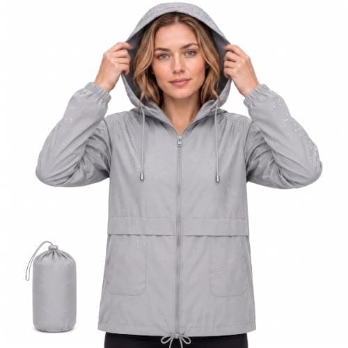NWDEY Women's Lightweight Waterproof Jacket Ladies Packable Raincoat Hooded Windproof Rain Jacket Coat for Outdoor Travel (UK, Alpha, 3XL, Regular, Regular, Grey)
