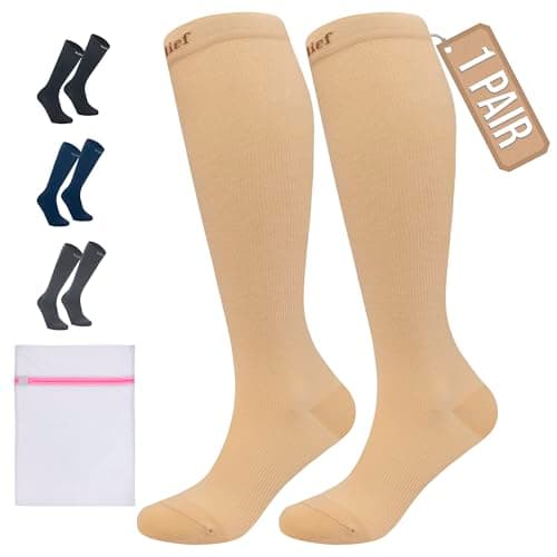 360 RELIEF Flight Compression Socks for Kids, Supports Circulation, Travel, Varicose Veins, S/M, Beige + Laundry Bag