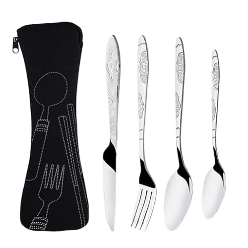 4Psc Cutlery Set with Portable Pouch Case, Stainless Steel Flatware Camping Utensil Set Knife, Fork, Spoon, Reusable Flatware Sets Knife for Outdoor Travel Picnic Office School Lunch Box