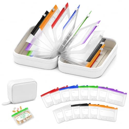 A8 Waterproof Pill Organiser Set with 14 Colour-Coded Pill Pouches, 7–14 Day Travel Medicine Organiser, Weekly Tablet Organizer Case with Reusable Binder Design for Vitamins, Supplements, Daily Use