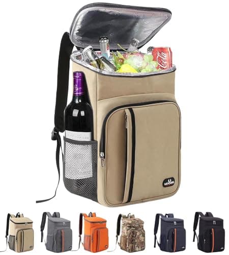 Bagtopia Camping Cooler Backpack 25 Cans, Leak Proof Soft Insulated Compartments Thermal Bag, Portable Lightweight Beach Travel Trip Picnic Lunch Backpack for Men and Women, Stripes-Khaki