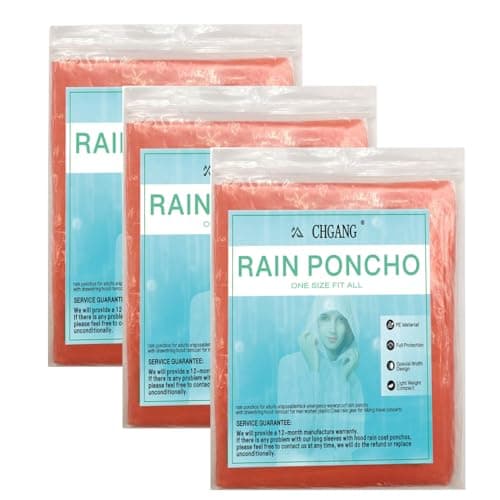 CHGANG 3 Pack Rain Poncho Waterproof Emergency Raincoats Adult With Hood For Camping,Fishing,Theme Parks,Festivals (Red)