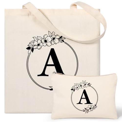 Tecanne Personalised Initial Canvas Tote Bag and Makeup Bag Set, 26 Letters Monogrammed Cotton Reusable Bags for Beach Travel Work School, Gift for Women Mum Teachers Nurses (A)