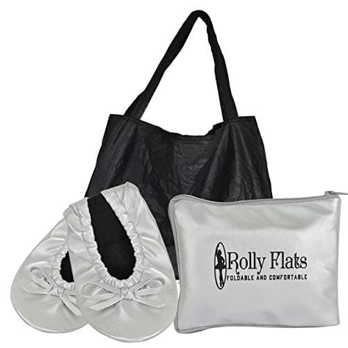 Women's Foldable Flats – Portable Ballet Slippers Shoes for Travel, Wedding – Fits in Purse with Expandable Tote Bag (S, Silver)