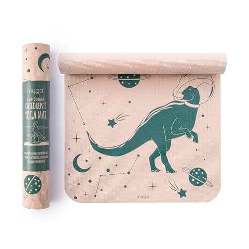 Myga Silk Print Kids Yoga Mat - Non-Slip for Kids' Exercise, Fitness, Yoga & Mindfulness - Lightweight, Non-Toxic & Easy Clean Play Mat for Girls & Boys - Space Dinosaur