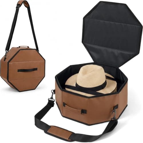 WERNNSAI Hat Storage Box for Travel, Structured Hat Organizer with Padded Shoulder Strap, Men Women Faux Leather Travel Case with Lid for Cap Closet Bedroom Dorm