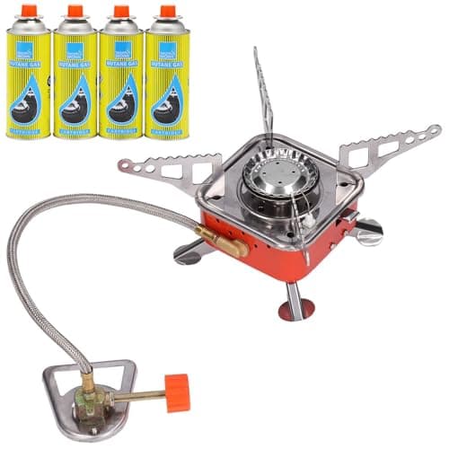 Camping Stove, Backpacking Stove, Foldable, Portable, Lightweight, Piezo Ignition, Single Burner Adjustable, Premium Mini Powerful and Stable Camp Stove for Hiking Picnic (Mini Stove + 4 Gas)