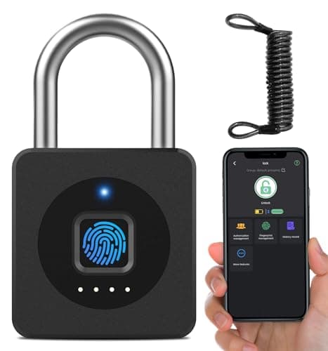 eLinkSmart Fingerprint Gym Locker Lock, Keyless Biometric Padlock, Weatherproof Electronic Digital Smart Combo Pad Lock for Outdoor Fence Gate Storage Helmet Ski Pool Shed (Black, with Cable)
