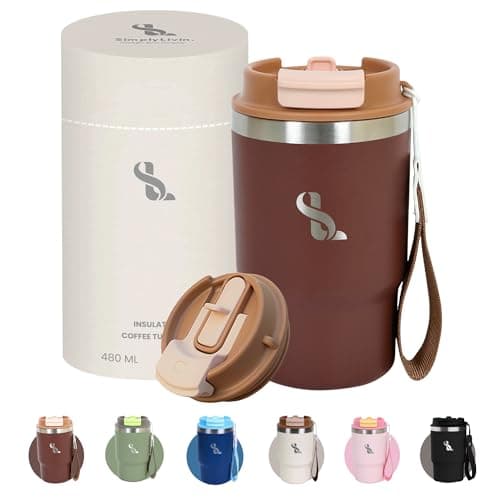SimplyLivin Insulated Coffee Cup Travel Mug 480ml 16oz | Tumbler Flask with Straw & Spout Lid | Leakproof | 8H Hot 12H Cold | Reusable Coffee Cup | Stainless Steel Tumbler | Gift | Coffee Brown