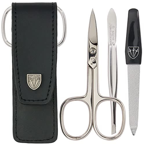 3 Swords Germany - brand quality 3 piece manicure pedicure grooming kit set for professional finger & toe nail care scissors file genuine leather case in gift box, Made by 3 Swords (000378)