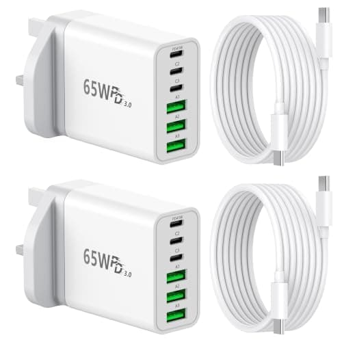 2-Pack USB C Plug Fast Charge, 65W 6-Port Charger UK Charging Power Adapter,3 USB C+3 USB A PD45W Multi Wall Plug, with USB C-C Cables 2M, compatible with iPhone 17/16/15/iPad/Galaxy S25/S24/S23