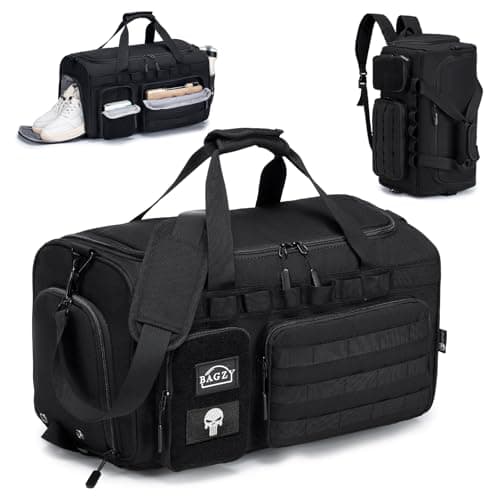 BAGZY Tactical Gym Sports Bag for Men 40L, Travel Duffle Bag with Shoes Compartment and Wet Compartment Oxford Weekend Travel Bag Overnight Bag with Adjustable Shoulder Strap Khaki