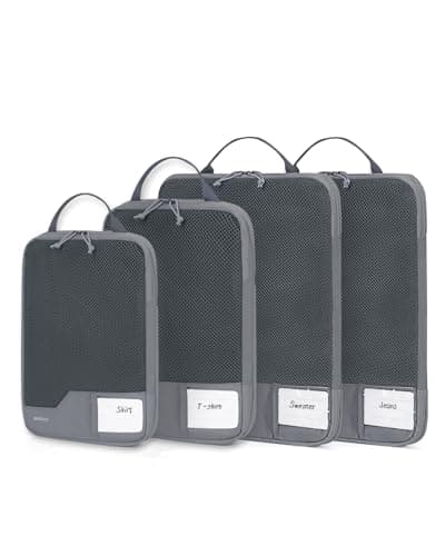ECOHUB 4pcs Compression Packing Cubes, Suitcases Organiser Bag with Tag, Recycled Travel Bags Organiser for Backpack, Tear-resistant Packing Organiser for Carry On Luggage, Grey (Patent Pending)