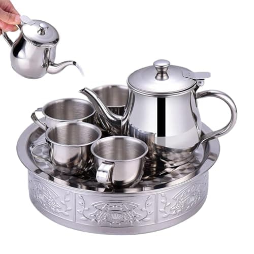 Stainless Steel Tea Set for Kids – Long Spout Teapot, 70ml Cups with Filter Screen, Rustproof Metal Drinkware, Lightweight Serving Tray | Pretend Play Educational Toy for Kindergarten Home Gathering