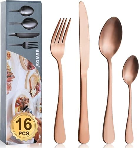 Cutlery Set, BEWOS 16-Piece Stainless Steel Flatware Set, Tableware Silverware Set with Matt Rose Gold Spoon Knife and Fork Set, Service for 4, Dishwasher Safe/Easy Clean