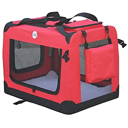 HugglePets Foldable Fabric Pet Crate Carrier - Red (Small 50 x 34cm) Lightweight & Ventilated Double Door Carrier for Dogs & Cats with Sheepskin Mat. Ideal for Home & Travel.