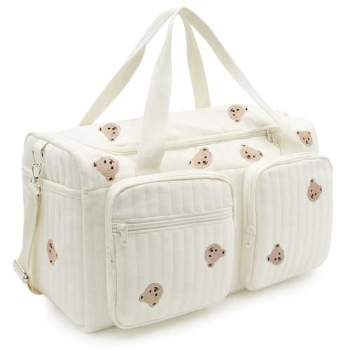 PinDaito Baby Hospital Bag Baby Changing Bag Cotton Large, Hospital Maternity Bag Nappy Bag for Mum, Embroidered Pram Bag with Multiple Pockets, Travel Changing Overnight Tote