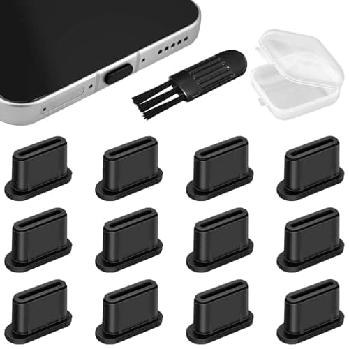 Lunhoo 12 Pcs USB C Dust Plug, Silicone USB Type C Anti-Dust Cover Cap, Charging Port Cleaning Kit & Protector for Phones Tablets Laptops, with Cleaning Brush & Storage Box (Black) (Black)