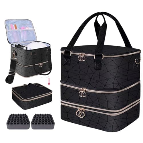 Nail Polish Organizer Case,3 Layer Nail Lamp Storage Bag Holds 84 Bottles (15ml/0.5 fl.oz) Nail Bag &Nail Lamp,Nail Polish Carrying Case Nail Kit Supplies Organizer Bag - Black