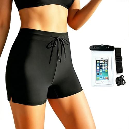 2-Piece Swim Shorts Women & Waterproof Phone Pouch, 5" High Waisted Swimming, womens swim shorts Custom Tummy Control, womens Board Beach Surfing Quick Dry Shorts (UK, Alpha, S, Regular, Regular)