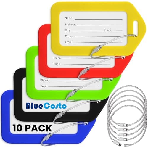BlueCosto - Luggage Tags - Multicoloured, 10 Pack - Suitcase Tags with Name ID Card & Heavy-Duty Metal Wire Loops - Bright Coloured PVC Identifiers for Travel Baggage - Backpack Name Labels
