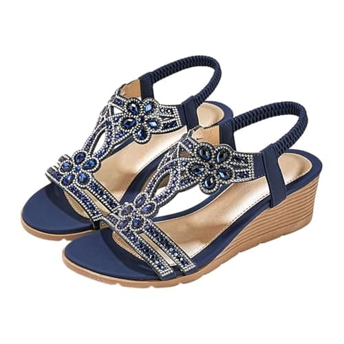 Women's Bohemian Rhinestone Wide Fit Wedge Sandals T Strap Dress Shoes Elastic Heel Strap Soft Insole Flats Non Slip Open Toe Comfortable Walking Sliders,Navy, Size 6